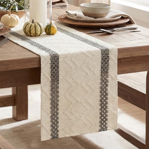 Artoid Mode Dark Grey Stripe Woven Table Runner, Seasonal Holiday Hollow Kitchen Dining Table Decoration for Home Party Decor 12x72 Inch