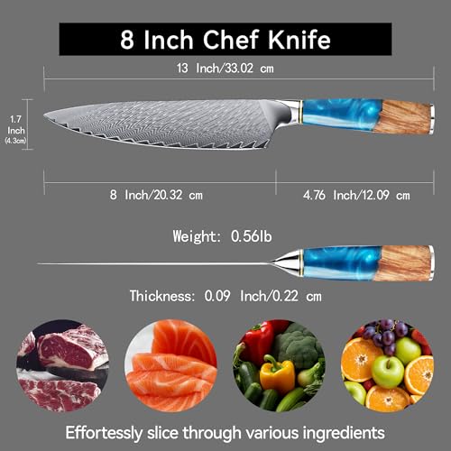Hoforife Nóż Szefa Kuchni 20 cm, Japoński Stal Damasceńska 67 Warstw z Rdzeniem VG10 - Ergonomiczna Rękojeść z Drewna - W Drewnianym Pudełku na Prezent (Niebieski i brązowy)