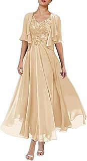 Lace Mother of The Bride Dresses with Jacket 2 Piece Tea Length Short Sleeve Formal Evening Dress for Women - Buy now