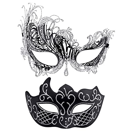 SIQUK Couple Masquerade Masks Set Venetian Party Mask Halloween Costume Mask Mardi Gras Black Silver Masquerade Mask for Couples Women and Men