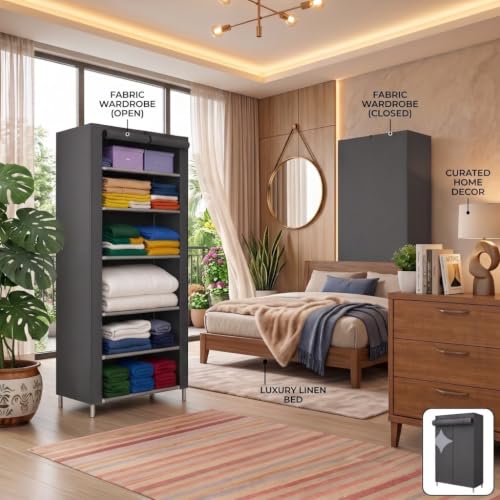 Image of Ulif Multipurpose 𝗖𝗼𝗹𝗹𝗮𝗽𝘀𝗶𝗯𝗹𝗲 𝗪𝗮𝗿𝗱𝗿𝗼𝗯𝗲 Cabinet | 𝗙𝗼𝗹𝗱𝗮𝗯𝗹𝗲Fabric Organizer with 𝟲 𝗦𝗵𝗲𝗹𝘃𝗲𝘀 | Portable Clothes 𝗦𝘁𝗼𝗿𝗮𝗴𝗲 𝗥𝗮𝗰𝗸 for Bedroom (GREY)