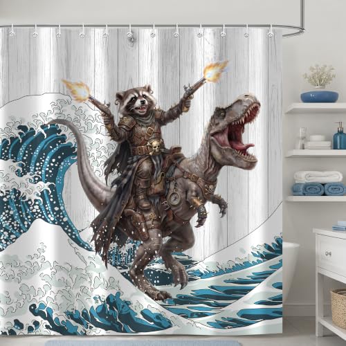 Image of iTapnoom Funny Bear Riding Dinosaur Shower Curtain, Kids Fun Animal Ocean Cool Wave Hilarious Bathroom Decor Waterproof Fabric 72x72 Inch with 12 Hooks
