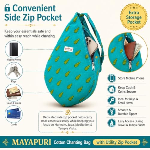 Image of Original Pure Cotton Gomukhi Japa Mala Bag /Chanting Bag or Beads Bag /Jholi /Thole with Zip Pocket and Sakshi Mala Counter (Turquoise Blue)