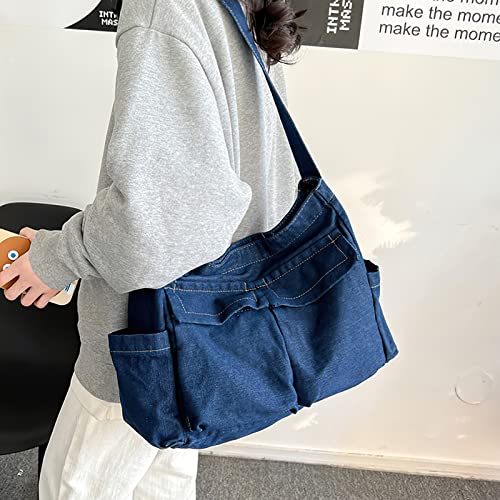 Image of LassZone Canvas Messenger Bag Large Crossbody Bag Hobo Shoulder Handbags Multi Pocket Denim Tote Bag for Women or Men