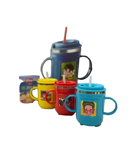 Y MOX Stainless Steel Milk Sipper Mug for Kids with Soft Silicone Straw and Handle,Anti-Spill Sippy Cup, BPA Free-300ml-Pack of 1 (Multicolor)