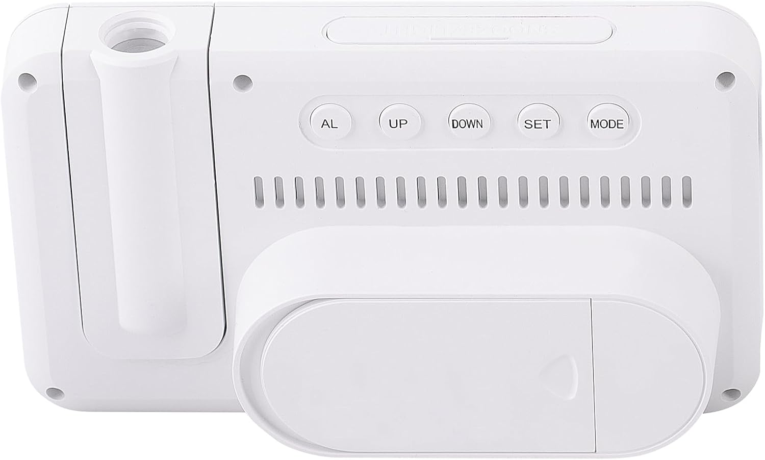 मागे view of Trevi PJ 3030 Digital Projection Clock showing control buttons and battery compartment.