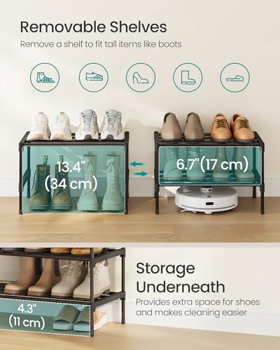 Image of SONGMICS 2-Tier Shoe Rack for Closet, Compact Metal Shoe Organizer Shelf for Entryway, Bedroom, Small Spaces, Stackable, 11.8 x 17.7 x 12.2 Inches, Black ULSA112BH01