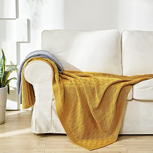 Cotton Mustard Yellow Knit Throw Blanket For Couch Sofa Beach Chair Bed Home Decorative Soft Warm Cozy Cable Lightweight Knitted Blankets,50 X 60 Inch, 2.2 Pounds #TOP5