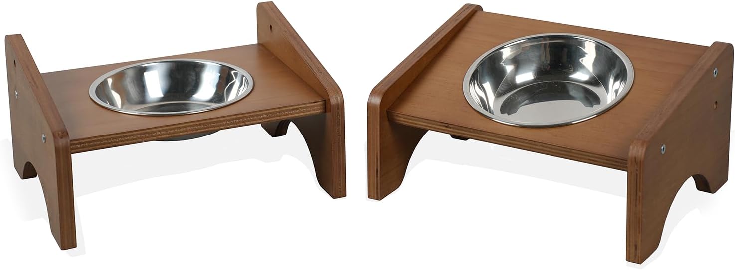 Elevated Stainless Steel Raised Food and Water Bowls, 15 Tilted Anti Vomiting, Dishwasher Safe, Non-Slip, Suitable for Cats and Puppies (Brown) - 2 Pack