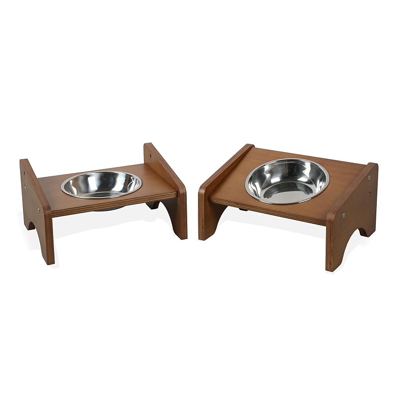 Potes elevados para gatos em aço inoxidável com suporte de madeira e inclinação ajustável ankuliy, Marrom Rústico, Pacote com 2