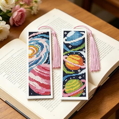 Image of ACRNIGHEET 6PCS Cross Stitch Bookmark Kit for Beginner Stamped Cross Stitch Kits for Adults Planet DIY Tassel Embroidery Bookmark Kits Needlepoint Kit with Instructions Craft Gift 8.5''x3'' 11CT