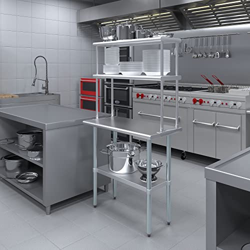 Image of AmGood Stainless Steel Work Table with 12 inch Wide Double Tier Overshelf | Metal Kitchen Prep Table & Shelving Combo | NSF (Stainless Steel Table with Double Overshelves, 36 inch Long x 18 inch Deep)