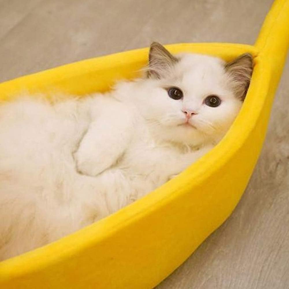 review Creative Banana Shape Cat Nest Pet Bed Soft Warm Cat Bed for Winter Cat Tent Self-Warming Sleeping Bed Puppy Kitten Warm House Bed Yellow S