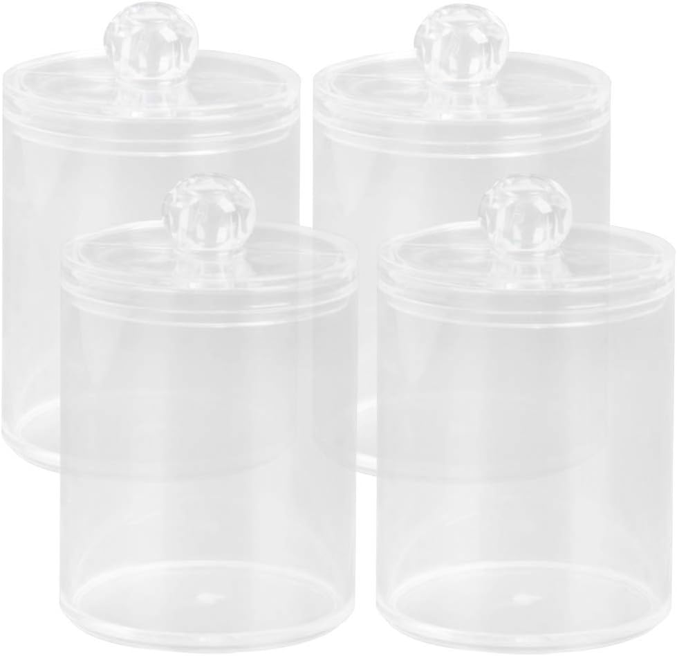 Ira Pollitt 4 Pack Qtip Dispenser Apothecary Jars Bathroom Cotton Swab Ball Pad Holder Clear Plastic Acrylic Jar Bathroom Containers Dispenser for Bathroom Canister Storage Organization