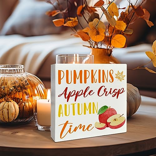 Image of Fall Table Wooden Box Sign, Apple Crisp Autumn Table Decor, Farmhouse Tabletop Decorations for Home, Office, Kitchen, Harvest, Thanksgiving, Rustic Desk Decor