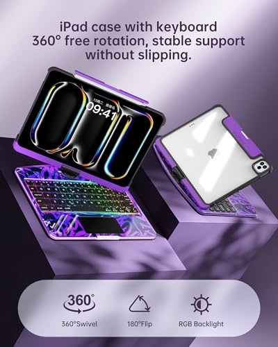 Image of Clear Keyboard Case for iPad Air 11 inch (M3 /M2, 2025 /2024), Air 5th /4th & Pro 11 inch 2022-2018, 360 Swivel with Wireless Bluetooth Multi-Touch Trackpad, 7-Color Backlit, Pencil Holder Purple