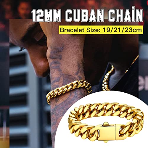 Solid Gold Miami Cuban Link Chain Bracelets For Men, Gold Bracelets For Men, Hand Chain Bracelet For Men Boys Women, Hip-Hop & Cool Men’s Bracelet, 18K Gold Filled, 12Mm 21Cm/8.3Inch #TOP3