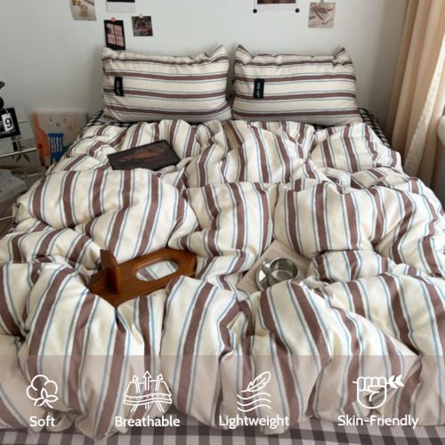 Image of Striped Duvet Cover Set Queen Retro Brown Blue Striped Bedding Set