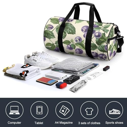 Hand Drawn Blueberries Gym Bag Small Travel Duffle Bag with Compartment Carry On Weekender Bag for Women Men4