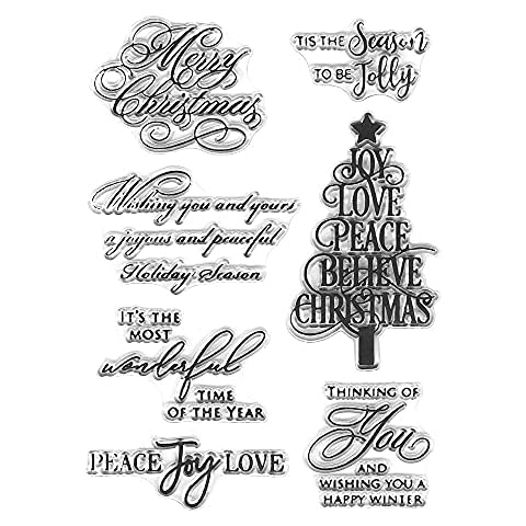 On-Airstore Merry Christmas Blessing Words Clear Stamps for Card Making Decoration DIY Scrapbooking, Christmas Handwriting Trees Transparent Rubber Seal Stamps for Photo Card Album Crafting Supplies Cover
