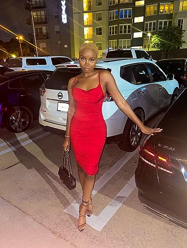 Beagimeg Women's Ruched Backless Spaghetti Strap Bodycon Party Club Midi Dress Red #TOP1