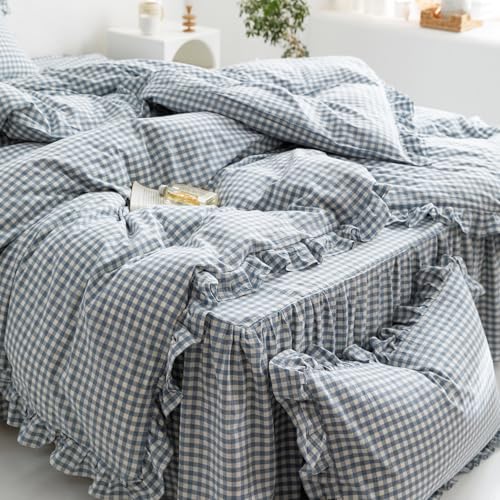Image of mixinni Blue White Gingham Ruffle Duvet Cover Queen Size 3 Pieces - 100% Washed Cotton, Vintage Plaid Ruffled Bedding Set with Zipper Ties, Soft Checkered Grid Farmhouse Chic Comforter Cover Set