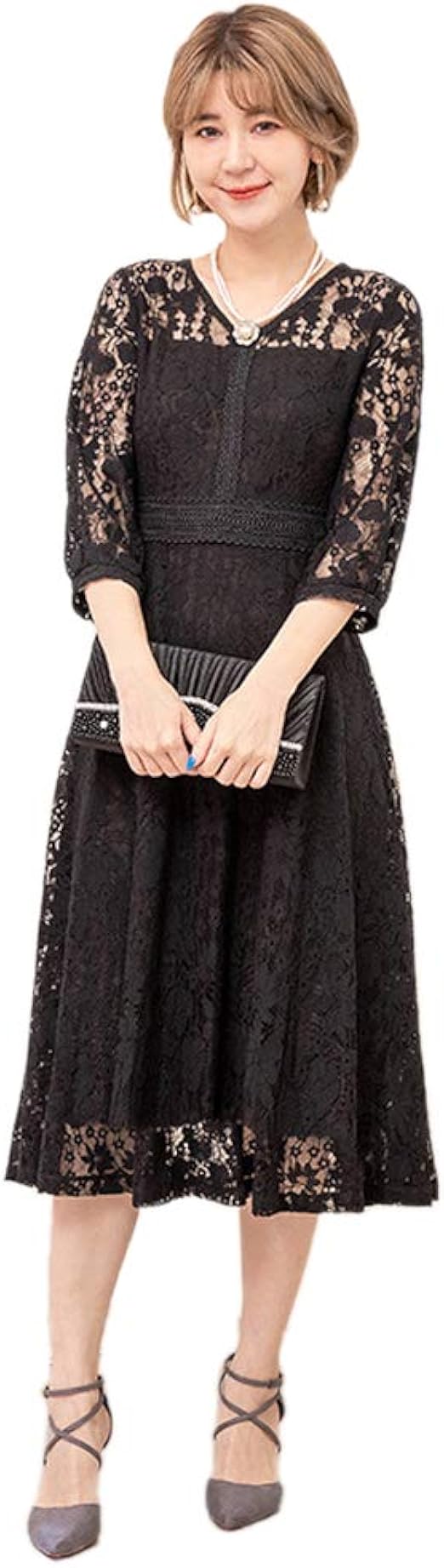 Amazon Ecussy エクス パーティードレス 結婚式 ワンピース 披露宴ドレス 秋冬 フォーマル ワンピース レディース 総レース 袖あり 発表会 二次会 同窓会 演奏会 大きいサイズ コート ジャケット 通販