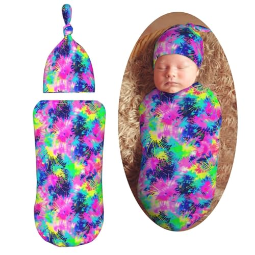 Image of Tie Dye Neon Colors Newborn Swaddle Blankets Hat Sets Soft Baby Receiving Blanket Swaddle Sack for Baby Shower Infant Boy Girl Gift