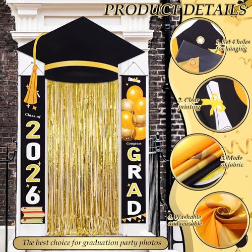 Black and Gold Graduation Decorations Class of 2026 Congrats Door Porch Sign Banner Gold Foil Fringe Curtain for High School College Grad Prom Party Supplies Graduation Cap Wall Decor Photo Booths by Frienda - Used condition - Image 5
