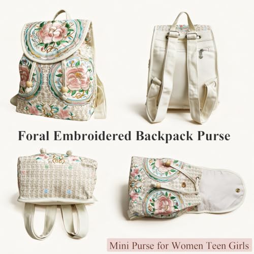 Image of Jursccu Embroidered Backpack Purse for Women Small Canvas Vintage Daypack