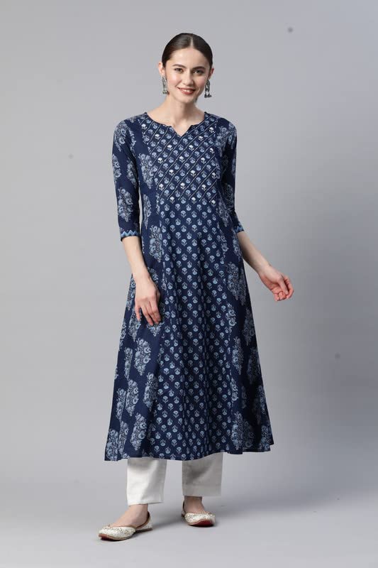 Image of Vbuyz Women's Paisley Print with Embroidery A-line Cotton Stitched Kurta