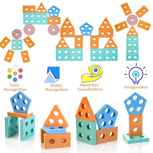 Image of PLUSPOINT Wooden Sorting & Stacking Toy, Colour Recognition Shape Sorter Puzzle Montessori Educational Learning Toy for Girls Boys Children Age 1 2 3 Activity Puzzle Blocks Column Set for Kids