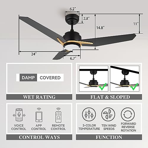 Smaair 48 Inch Smart Ceiling Fan With Light, Indoor Outdoor Ceiling Fan For Bedroom, Living Room, 3 Blade Dc Motor Ceiling Fan Compatible With Alexa/Google Assistant/Siri Shortcuts, Black/Gold #TOP2