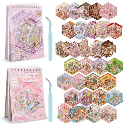31 Sets DIY 3D Sticker Scene Collection Book for Kids Adults, Make Your Own Mini Room Scene Stickers, Funny Miniature 3D House Stickers Set, Cute Kawaii Stickers Therapy for Adult Stress Pass The Time by GLMFAN - Used condition - CA$23.85