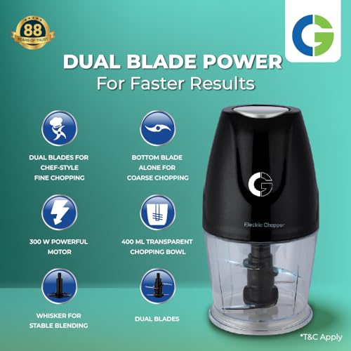 Image of CG - CHADR300 Adrina 300W Electric Vegetable Chopper Cutter, Chop, Mince, Dice, Whisk,Twin Blade, Large 400ML Bowl, OneTouch Operation, Compact Design, 2Yr Manufacturer Replacement Warranty - Black
