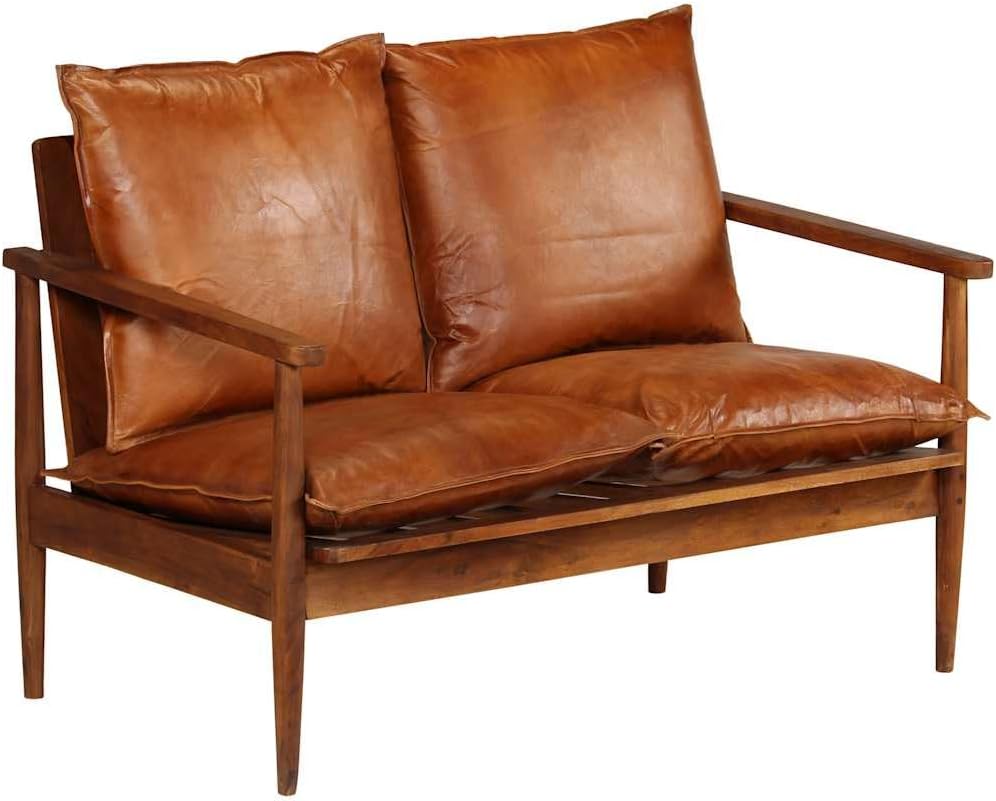 Sofa Brown Goat Leather 2-Seater Durable Sofa Rectangular Living Room Furniture