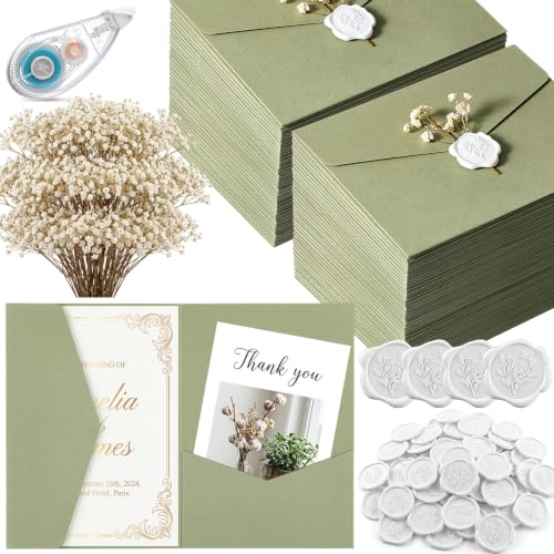 YooNotee 100 Set Wedding Invitation Kits Trifold Pockets,Green,White