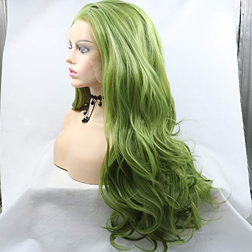 Perruque de remplacement pour femme en fibre synthétique de 61 cm - Vert olive - Cheveux ondulés soyeux - Séparation à moitié attachée à la main - Densité de 180 % - Résistante à la chaleur Cover