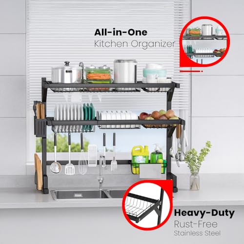 Image of Epicasa Premium Over Sink Dish Drying Rack, 2 Tier Stainless Steel Dish Organizer with Cutlery Basket & Hooks, Multi Storage & Space Saving Kitchen Organizer, 65 cm | Black