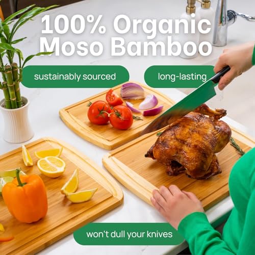 Organic Bamboo Cutting Boards for Kitchen Set of 3 with Lifetime Replacements – Premium Extra Large Wood Chopping Boards with Juice Grooves for Carving & Serving, Non-Toxic & Durable by Greener Chef