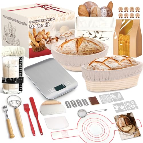 Sourdough Starter Kit with Scale, Glass Jar and Banneton Bread Proofing Basket - Complete Sourdough Bread Baking Supplies, Sour Dough Making Essentials Tools, Gift for Bakers Beiginner Women Wife Mom