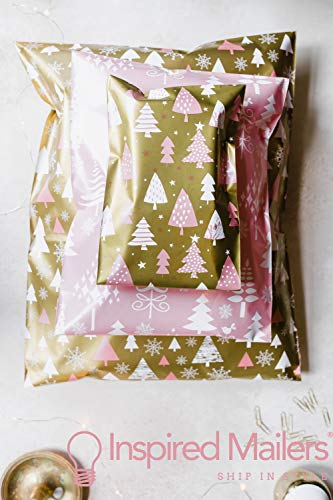 Image of Inspired Mailers - Poly Mailers 14.5x19-50 Pack - Gold Snowflakes Deluxe (Green) - Holiday Shipping Envelopes - Large Mailing Bags - Packing Bags for Shipping