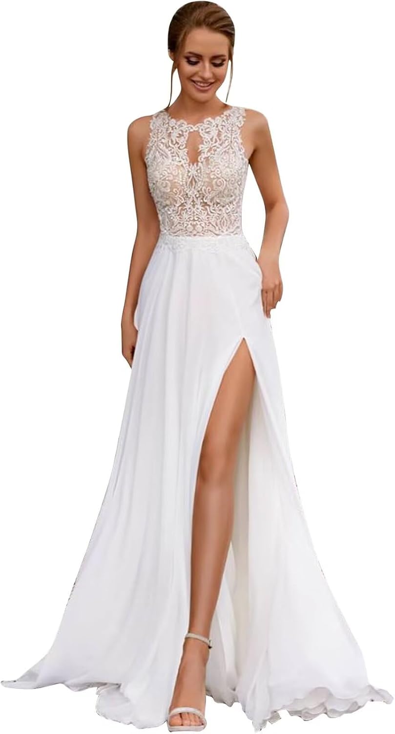 Mermaid Wedding Dresses with Slit Lace Appliques Chiffon Beach Bride Dress He1080A10
