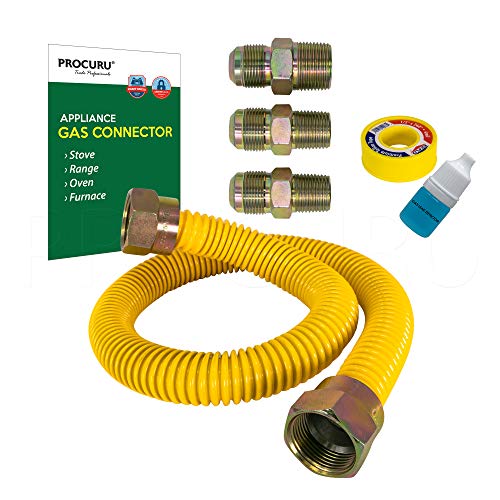 PROCURU 5/8' OD x 24' (2Ft) Universal Flexible Gas Connector Kit, Weatherproof Stainless Steel Pipe, SafeGuard Yellow-Coated, for Stove, Range, Furnace (Green-A1 Series)
