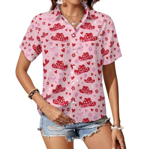 Lightweight Women's Button Down Top Collared Loose Fit for Work Classic Blouse Cowgirl Hat Heart Bow Pink Pattern XS