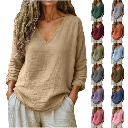 Linen Shirts for Women Casual Lightweight V Neck 3/4 Sleeve Gauze Tops 2026 Summer Beach Dressy Plus Size Y2k Blouses Teacher Senior Clothing Cute Loose Fit Vacation Boho Teen Girls Tunic Khaki