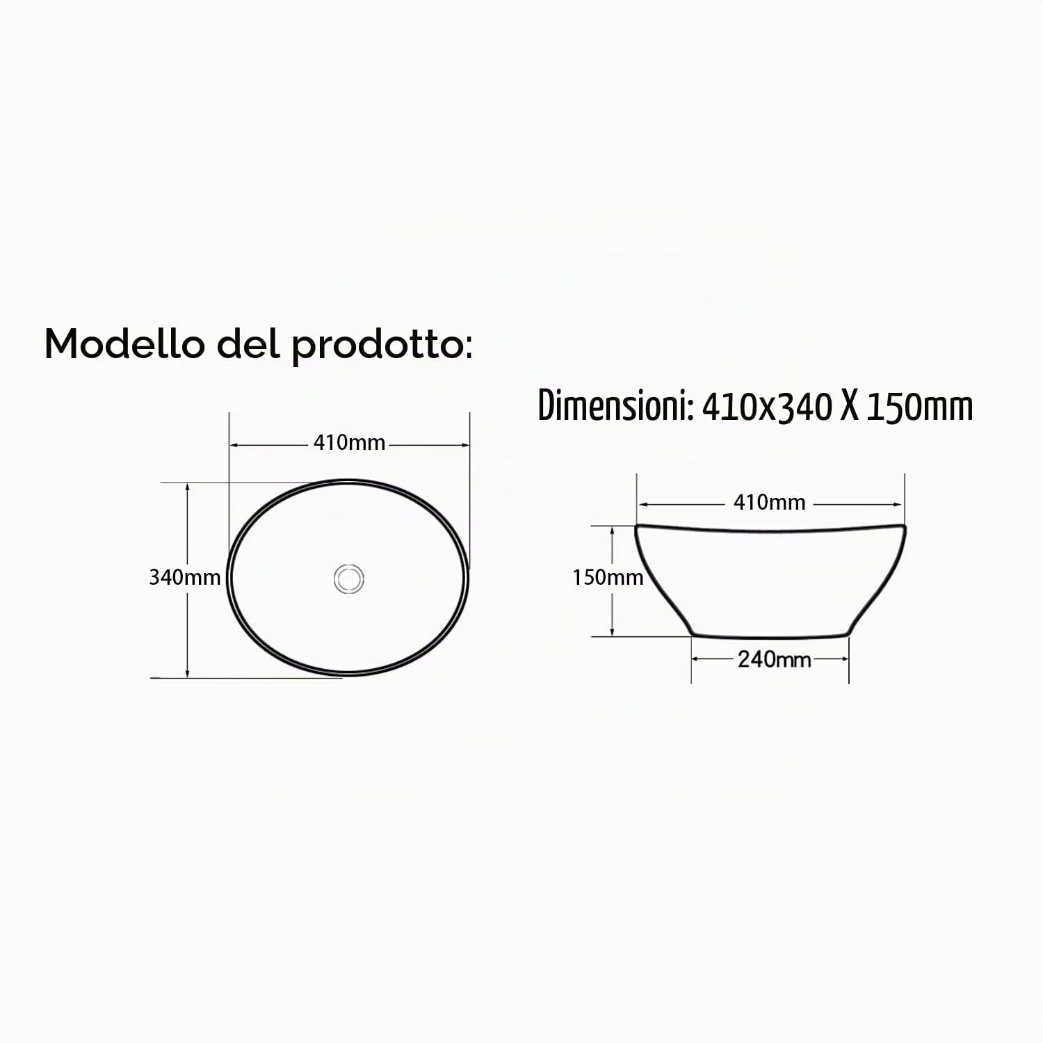 Lavabo da Appoggio in Ceramica Ovale Vaso Lavello Ciotola Design Moderno Bianco Lucido per Guardaroba Bagno