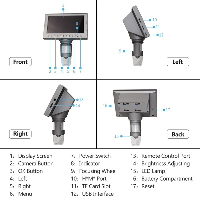 Microscope 4.5-inch LCD Digital Microscope Magnifier with Remote Control 1200X Magnification