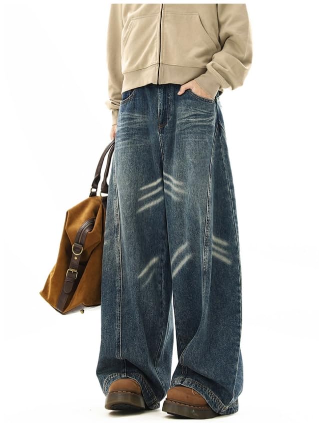 Men's Baggy Wide-Leg Jeans Y2K White Striped Retro Distressed Gothic Pants Casual Fashion Street Style Emo Clothing3