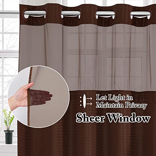 Gibelle No Hook Waffle Weave Shower Curtain With Snap-In Fabric Liner Set For Bathroom, Hotel Style With Mesh Top Window, Waterproof & Washable, Brown, 72X74 #TOP1
